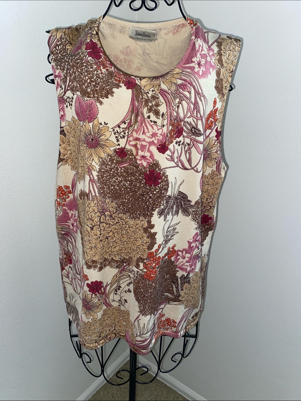 Neiman Marcus Floral Sleeveless Knit Tank in Cream, Pink and Brown